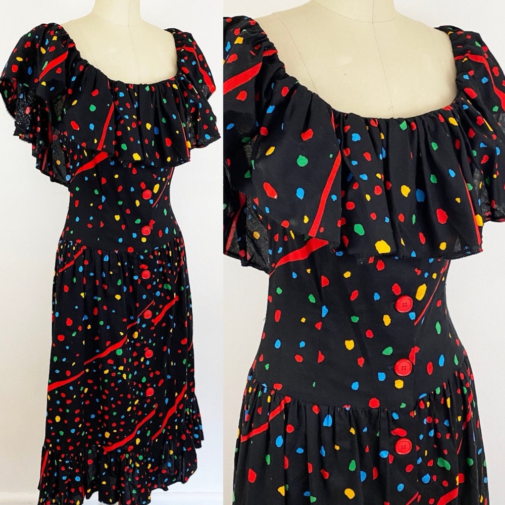 Bill Blass Collection III Black Multicolor Off the Shoulder Midi Dress Sz 4
